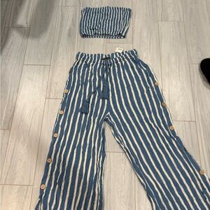 Blue and White Striped Strapless Top + Wide Leg Button Pants Set